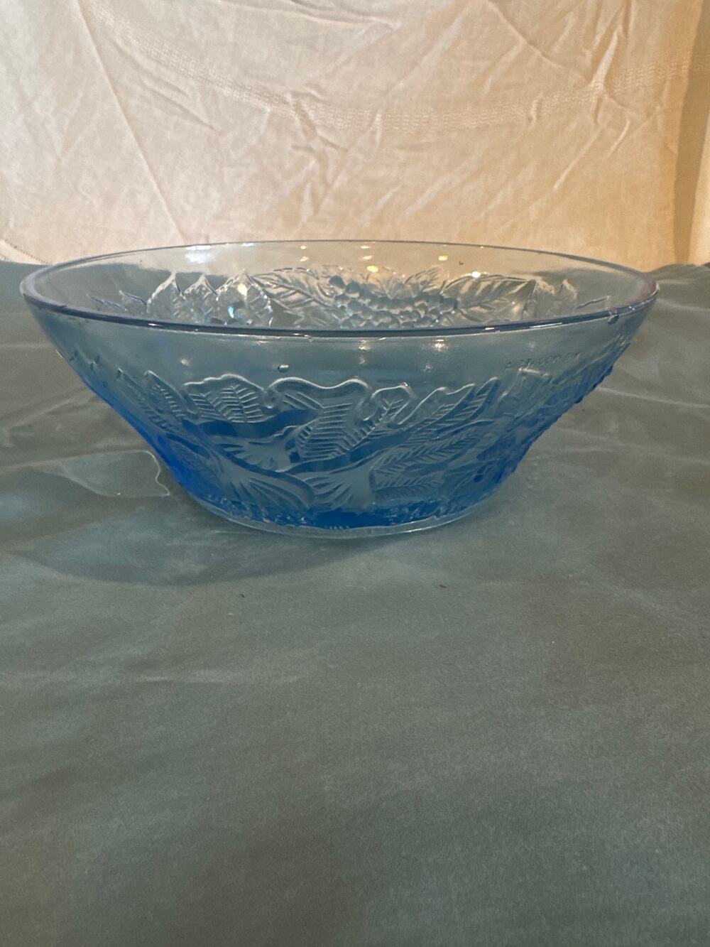 Vintage KIG Indonesia Ice Blue Embossed Glass Serving Fruit Pattern Bowl